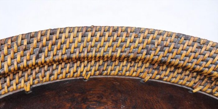 very nice walnut turned oval bowl with woven wicker rim and base 1990s 2707