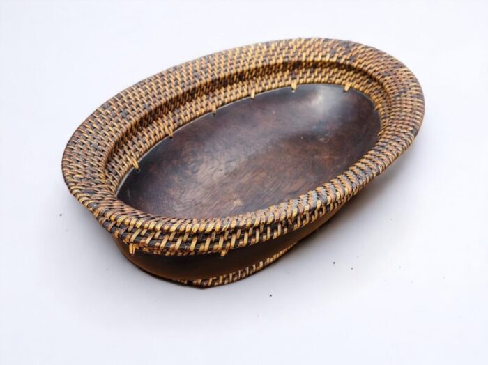 very nice walnut turned oval bowl with woven wicker rim and base 1990s 6757