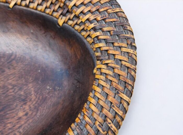 very nice walnut turned oval bowl with woven wicker rim and base 1990s 8103