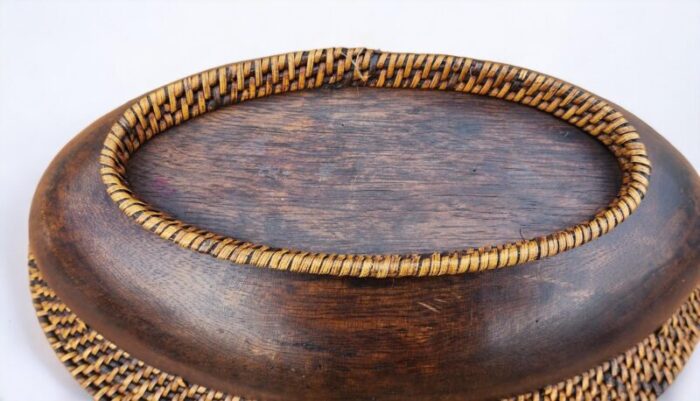 very nice walnut turned oval bowl with woven wicker rim and base 1990s 8303