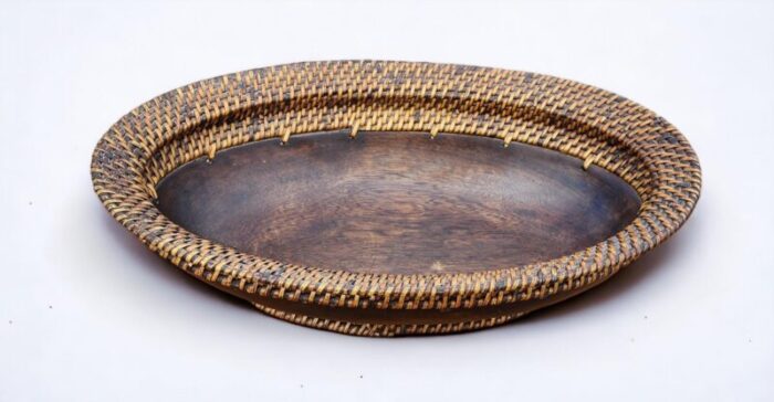 very nice walnut turned oval bowl with woven wicker rim and base 1990s 9584