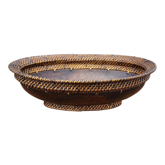 very nice walnut turned oval bowl with woven wicker rim and base 1990s 9647