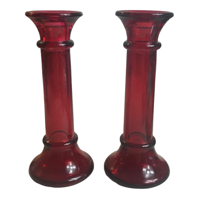 vintage 1970s indiana glass company red taper candle holders bud vases a pair 0151