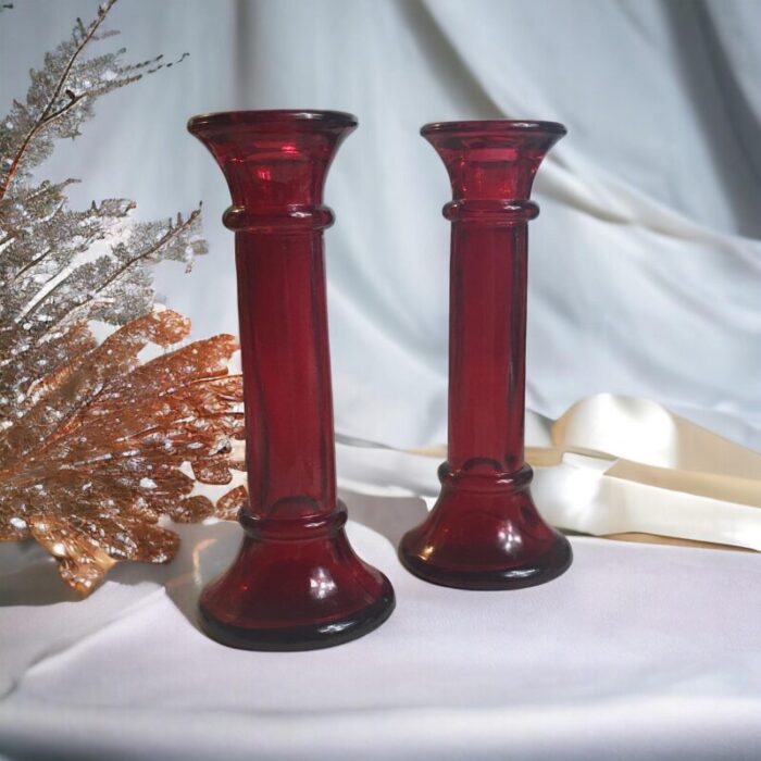 vintage 1970s indiana glass company red taper candle holders bud vases a pair 0656