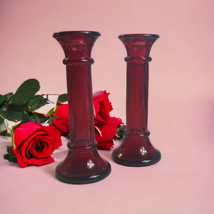 vintage 1970s indiana glass company red taper candle holders bud vases a pair 5440