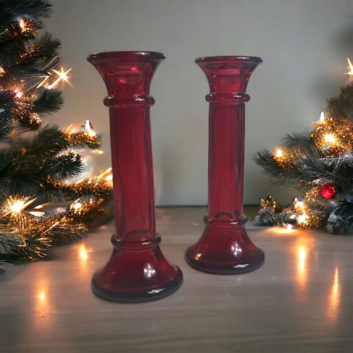 vintage 1970s indiana glass company red taper candle holders bud vases a pair 6005