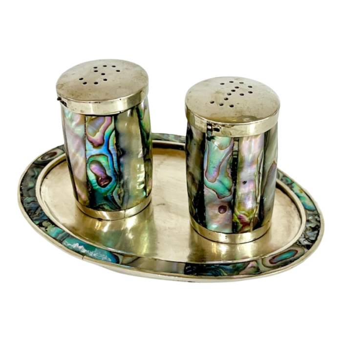 vintage abalone alpaca mexican silver salt and pepper shakers with dish 3 pieces 3965