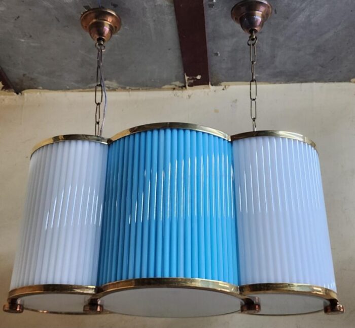 vintage art deco chandelier in brass and blue milk glass rod ship light 1683