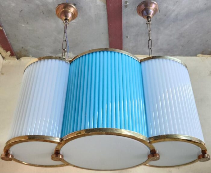 vintage art deco chandelier in brass and blue milk glass rod ship light 4204