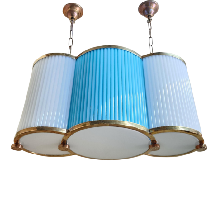 vintage art deco chandelier in brass and blue milk glass rod ship light 4820