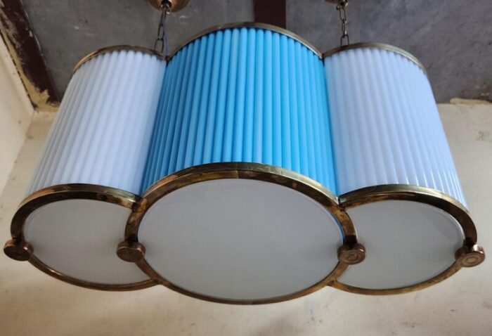 vintage art deco chandelier in brass and blue milk glass rod ship light 6778