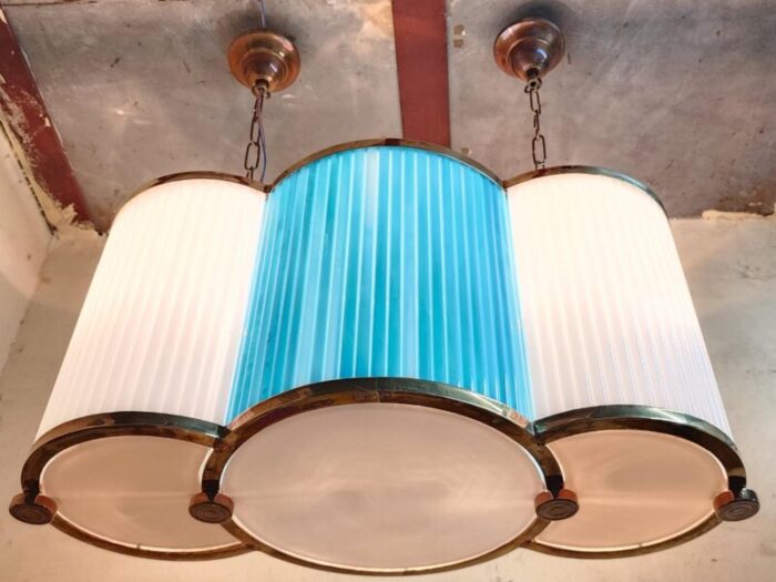 vintage art deco chandelier in brass and blue milk glass rod ship light 8725