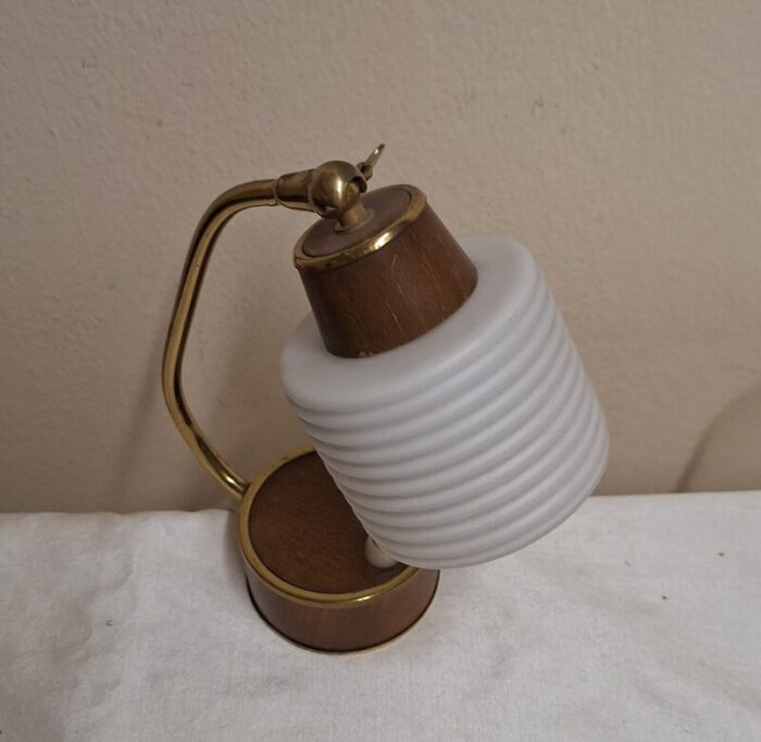 vintage bedside lamp with brass frame with teak veneer and white glass shade 1970s 4