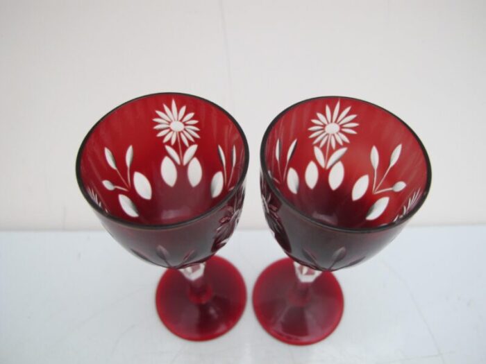 vintage bohemian ruby red dainty cut glass flower aperitif cordial glass pair 0844