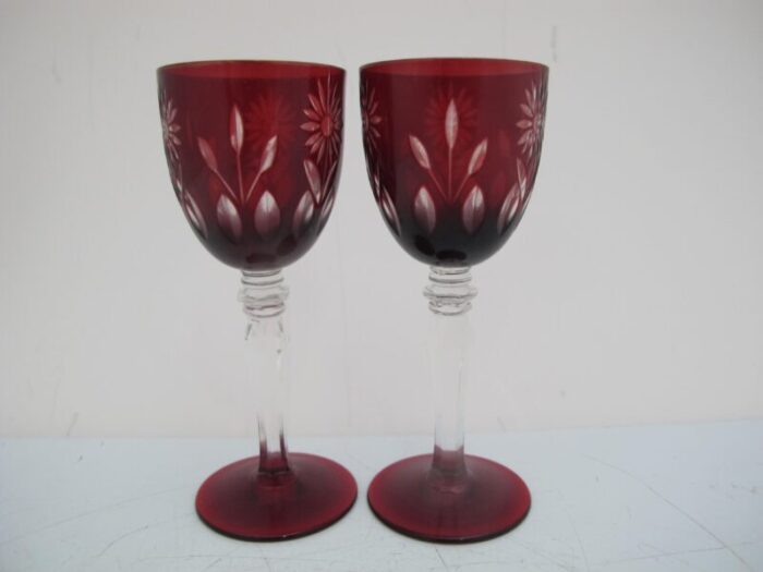 vintage bohemian ruby red dainty cut glass flower aperitif cordial glass pair 1613