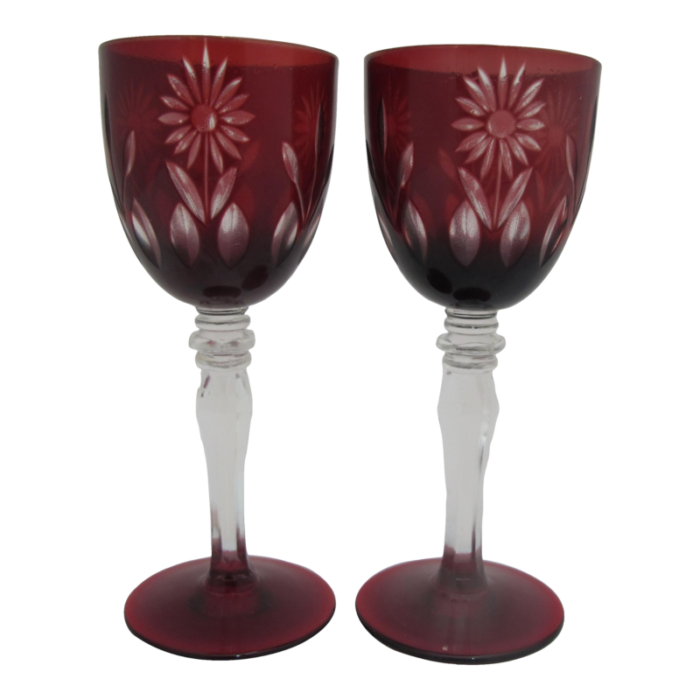 vintage bohemian ruby red dainty cut glass flower aperitif cordial glass pair 5866