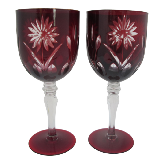 vintage bohemian ruby red flower cut crystal glass 7 34 wine glass pair 0512