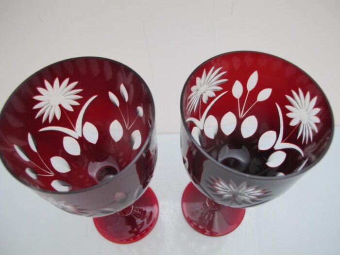 vintage bohemian ruby red flower cut crystal glass 7 34 wine glass pair 0926