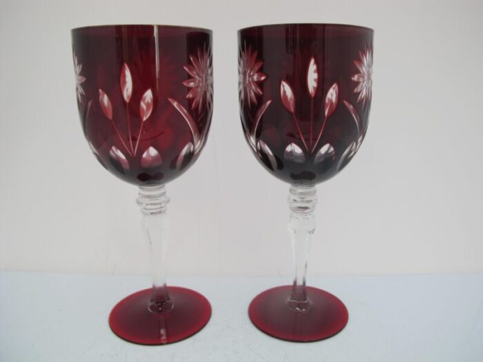 vintage bohemian ruby red flower cut crystal glass 7 34 wine glass pair 7207