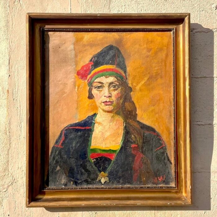 vintage boho signed original oil portrait on canvas 0975