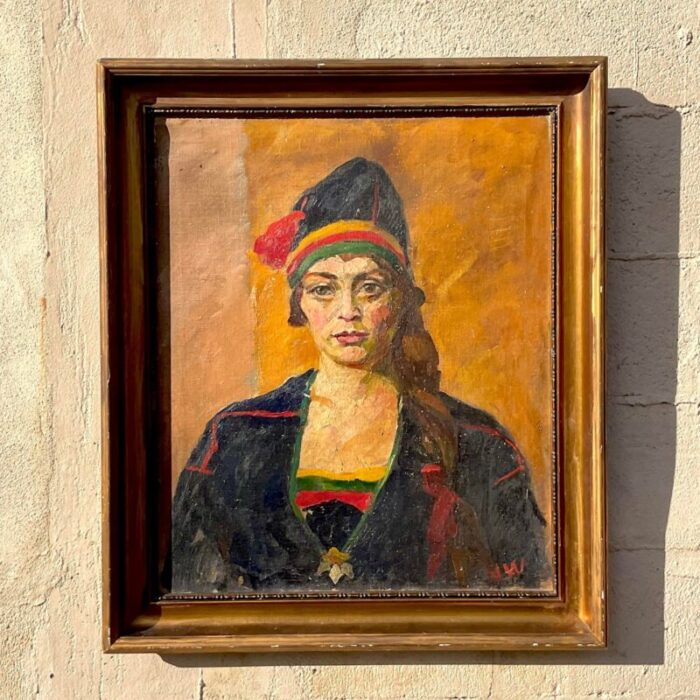 vintage boho signed original oil portrait on canvas 7340