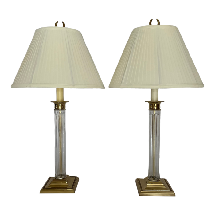 vintage brass and acrylic candlestick lamps with original shades a pair 4594