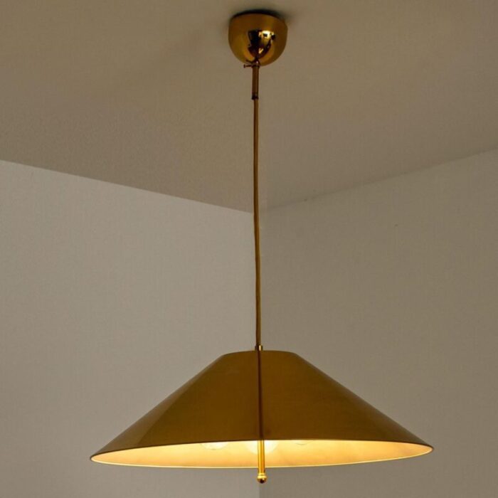 vintage brass pendant light with tapering lampshade by florian schulz 1970s 3