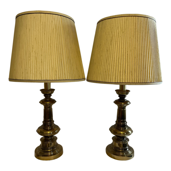 vintage brass table lamps with original shades a pair 2413