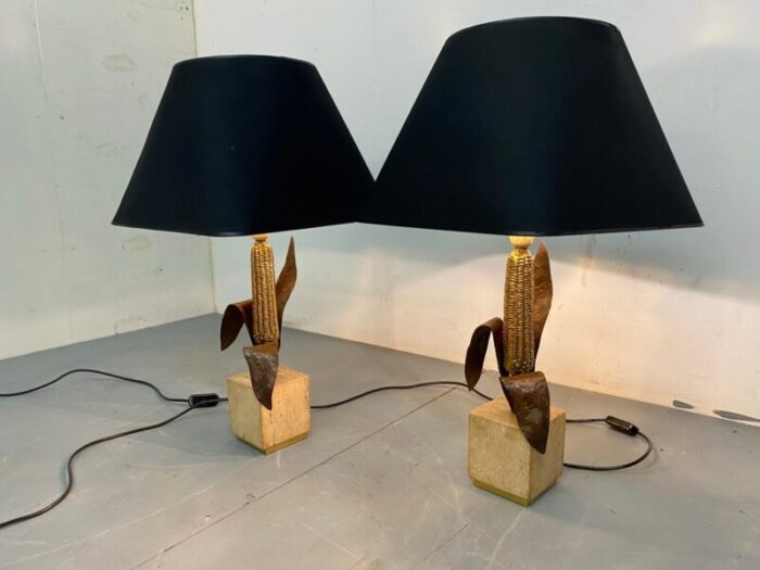 vintage bronze brass and travertin table lamps from maison charles 1970s set of 2 1