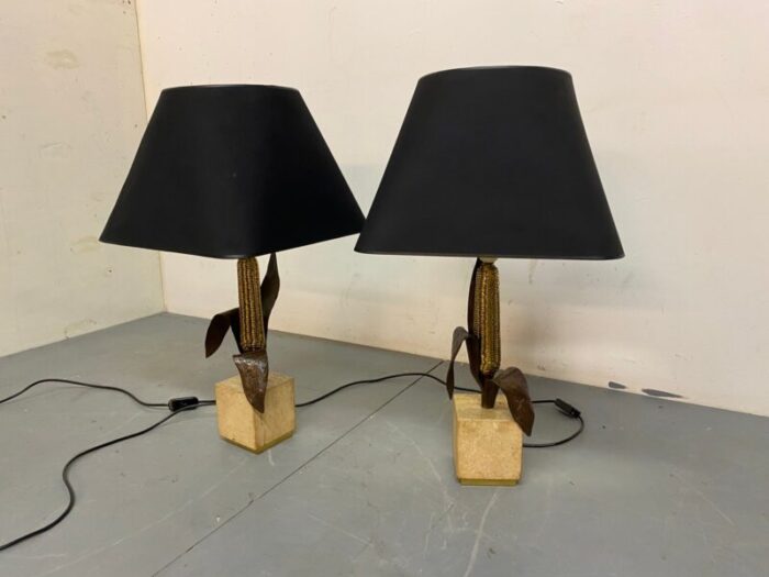 vintage bronze brass and travertin table lamps from maison charles 1970s set of 2 11