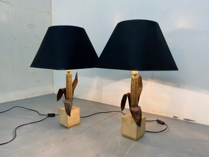 vintage bronze brass and travertin table lamps from maison charles 1970s set of 2 12