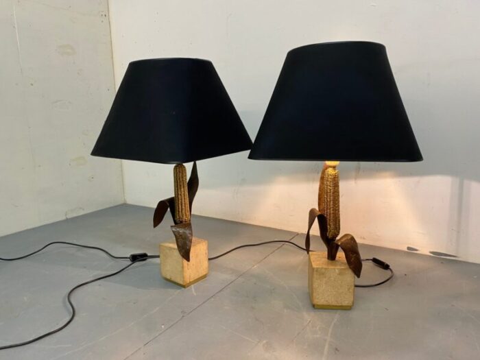 vintage bronze brass and travertin table lamps from maison charles 1970s set of 2 3