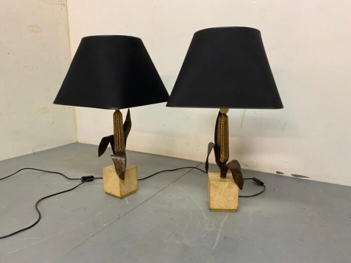 vintage bronze brass and travertin table lamps from maison charles 1970s set of 2 6