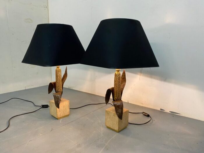 vintage bronze brass and travertin table lamps from maison charles 1970s set of 2 7