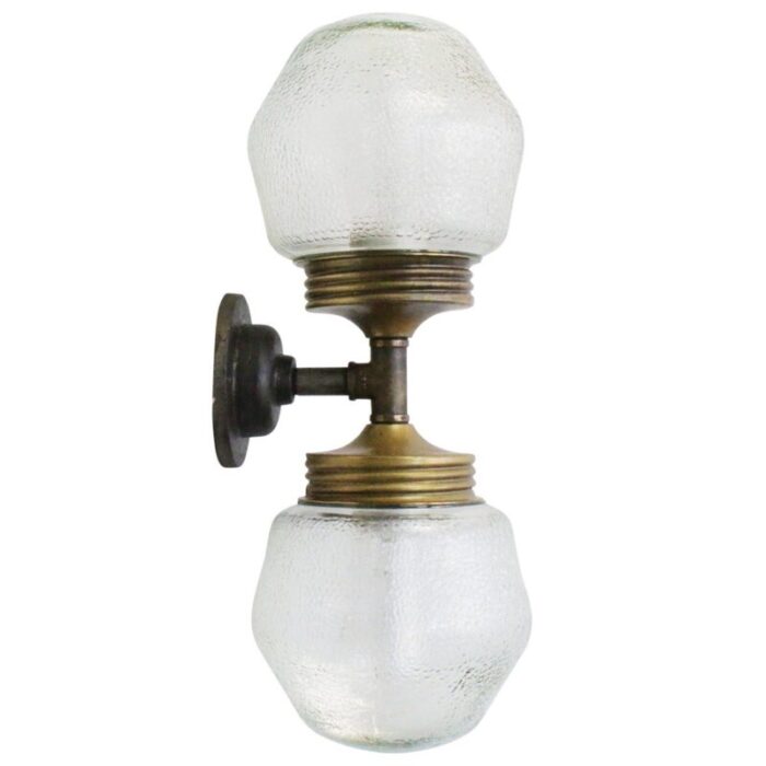 vintage cast iron double sconce wall lamp in frosted glass and brass 1