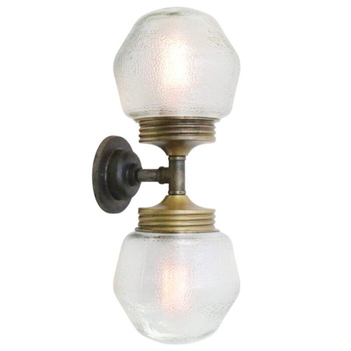 vintage cast iron double sconce wall lamp in frosted glass and brass 3