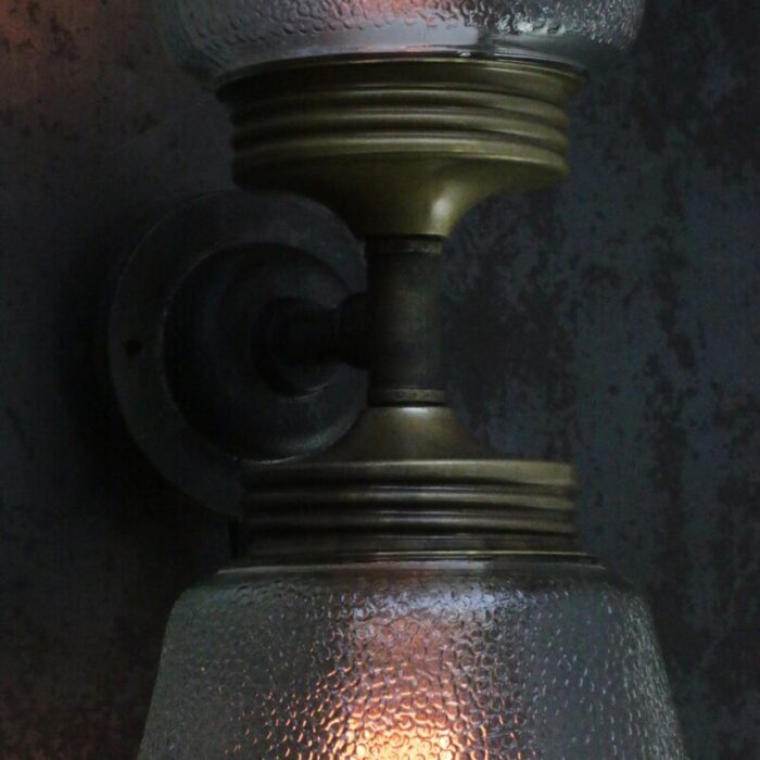 vintage cast iron double sconce wall lamp in frosted glass and brass 4