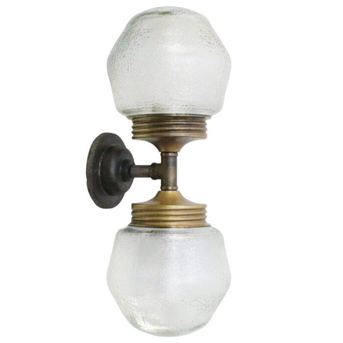 vintage cast iron double sconce wall lamp in frosted glass and brass 5