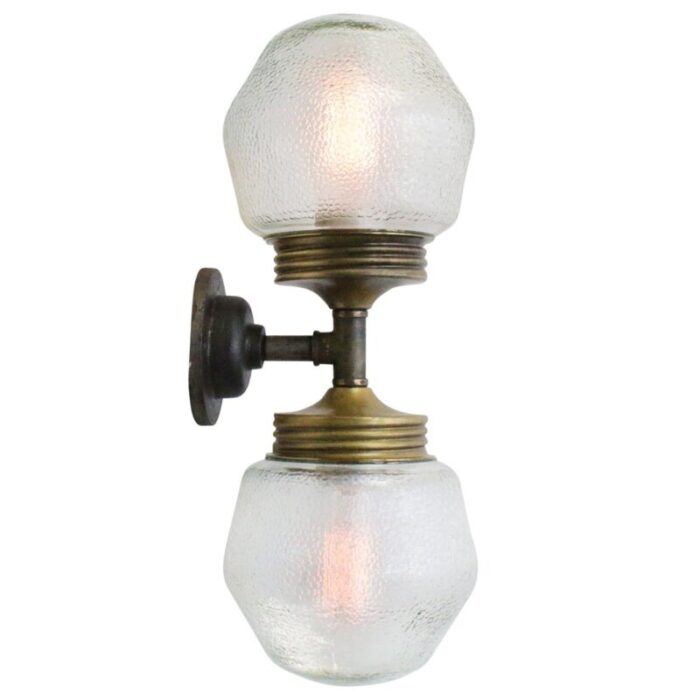 vintage cast iron double sconce wall lamp in frosted glass and brass 7