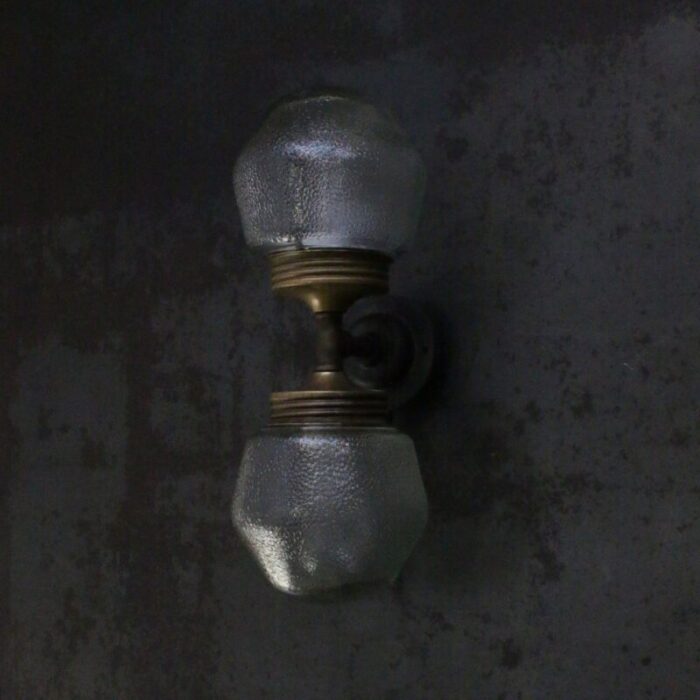 vintage cast iron double sconce wall lamp in frosted glass and brass 8