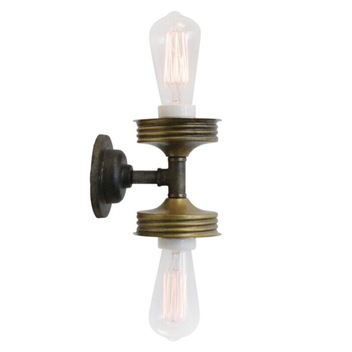 vintage cast iron double sconce wall lamp in frosted glass and brass 9