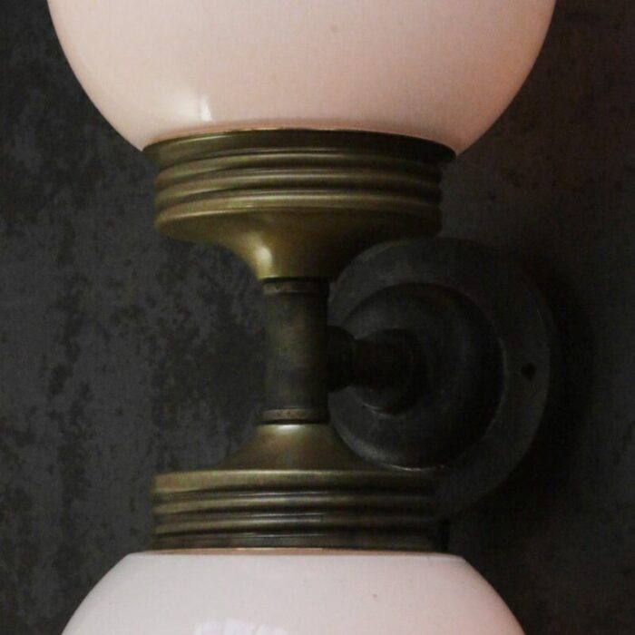 vintage cast iron double sconce wall lamp in opaline glass and brass 3