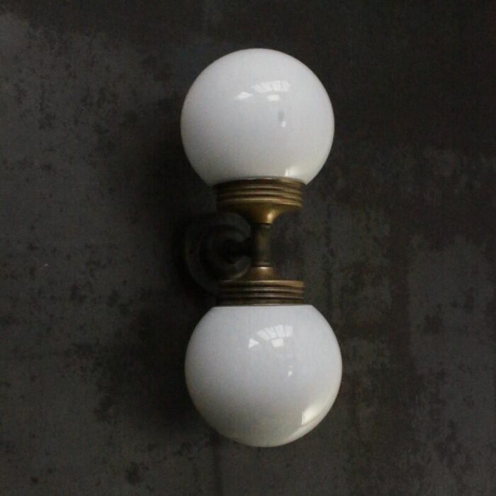 vintage cast iron double sconce wall lamp in opaline glass and brass 4