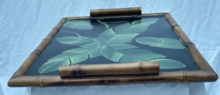 vintage chinoiserie inspired faux bamboo tray with painted palm leaves 1008