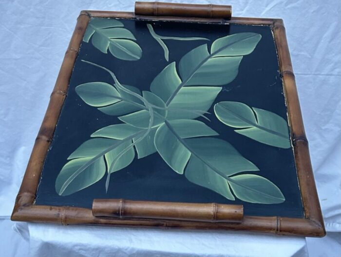 vintage chinoiserie inspired faux bamboo tray with painted palm leaves 5399