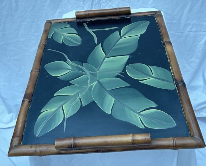 vintage chinoiserie inspired faux bamboo tray with painted palm leaves 7735