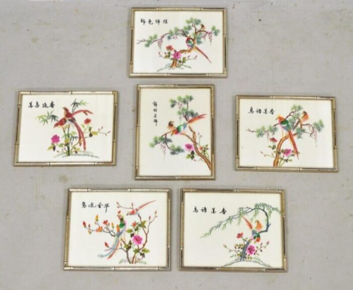 vintage chinoiserie silk needlepoint chinese japanese asian wall art set of 6 0283