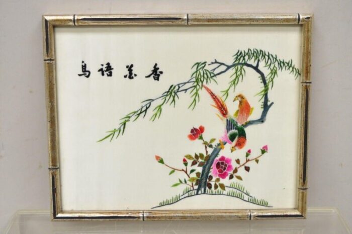 vintage chinoiserie silk needlepoint chinese japanese asian wall art set of 6 0945