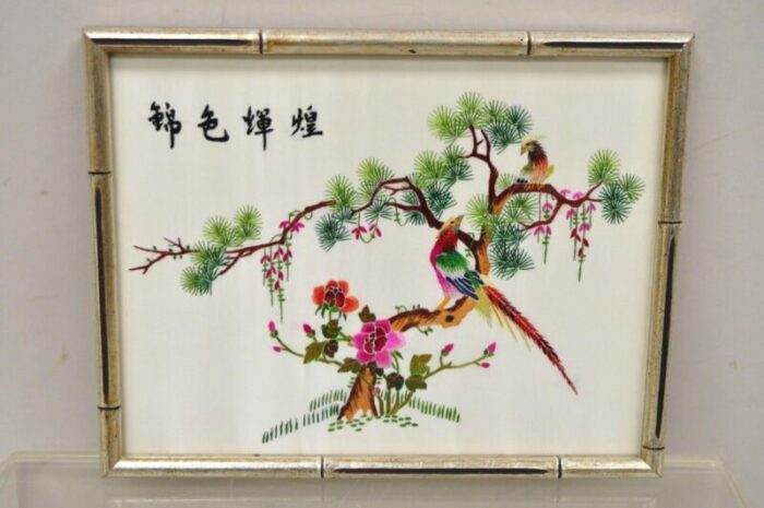 vintage chinoiserie silk needlepoint chinese japanese asian wall art set of 6 1658