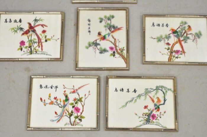 vintage chinoiserie silk needlepoint chinese japanese asian wall art set of 6 7575